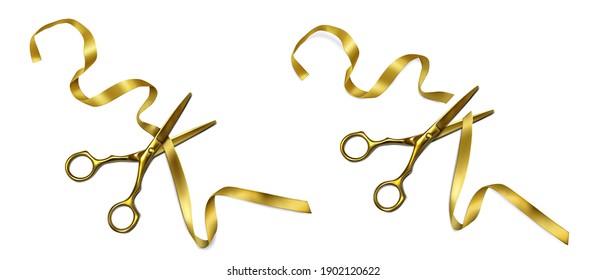 Golden scissors cut ribbon on grand open ceremony, launch event or inauguration. Vector realistic illustration of yellow metal scissors cutting gold tape isolated on white background