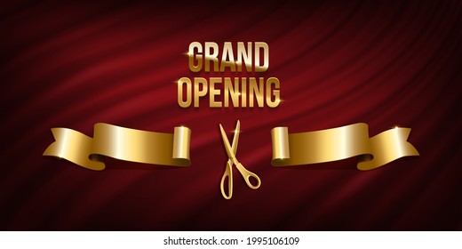 Golden scissors cut ribbon realistic illustration. Grand opening ceremony symbols, 3d accessories on red curtain background. Traditional ritual before launching new business, campaign