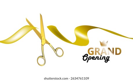 Golden Scissors Cut The Silk Red Ribbon. EPS10 Vector