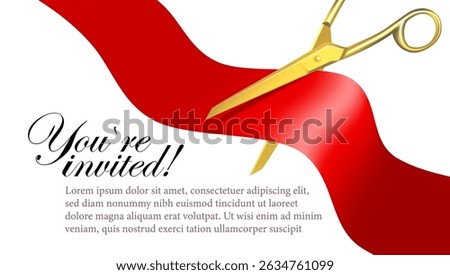 Golden Scissors Cut The Silk Red Ribbon. EPS10 Vector