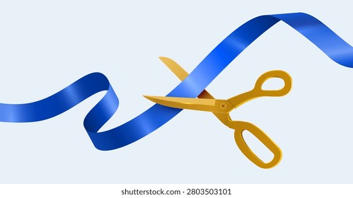 Golden scissors cutting a blue silk ribbon for a grand opening ceremony celebration. Vector illustration