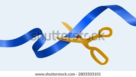Golden scissors cutting a blue silk ribbon for a grand opening ceremony celebration. Vector illustration