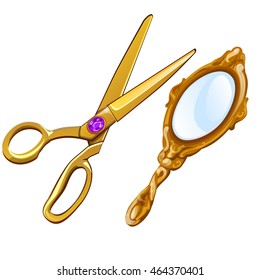 Golden scissors with gemstone and vintage mirror. Vector illustration.