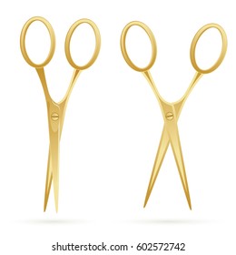 Golden Scissors Isolated on White Background. Vector Illustration.