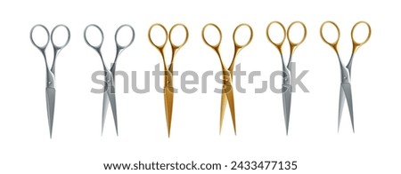 Golden Scissors Set. Shiny Metallic Shears for Elegant Ceremonies and Events. Vector Illustration Foto d'archivio © 