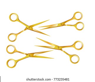 Golden scissors vector 3D icons for red ribbon cut ceremony