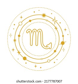 Golden Scorpio sign stylized with planets and stars in orbits on a white background