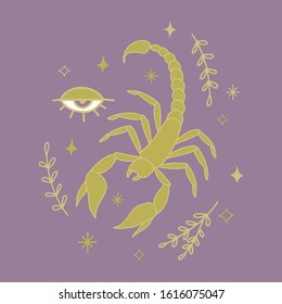 Golden Scorpio zodiac sign isolated vector illustration. Third eye intuition symbol, astrology illustration banner. 