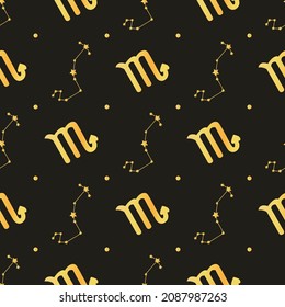 Golden Scorpio zodiac star seamless pattern. Repeating Scorpio sign with stars design for textile, wallpaper, fabric, decor. Golden space background