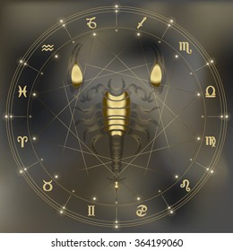 Golden scorpion, zodiac Scorpio sign for astrological predestination and horoscope