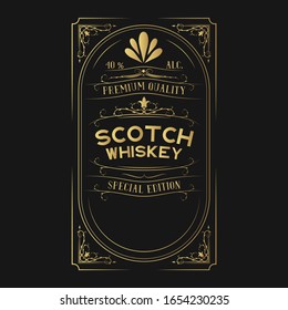 Golden scotch whiskey label for bottle with lettering. Hand drawn vintage alcohol gold frame. 