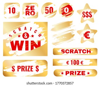 Golden scratch card. Lottery cover for instant win game prize. Winning or lose chance, luck coupon, scrape ticket, ripped effect marks with gold metallic vector textures