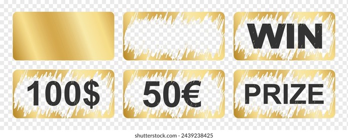 Golden scratch card surfaces with new and scraped textures with Win, Prize and money winning text. Set of of winner lotteries, sale coupons, jackpot scratchcards templates. Vector illustration