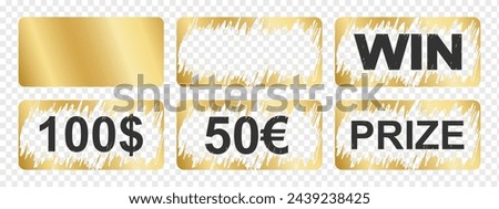 Golden scratch card surfaces with new and scraped textures with Win, Prize and money winning text. Set of of winner lotteries, sale coupons, jackpot scratchcards templates. Vector illustration