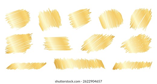 Golden scratch lottery card overlay pack - gold color chalk hatching asymmetric organic spots. Shabby uneven sketch bars rugged outlines. Distressed antique prints destroyed collage making.