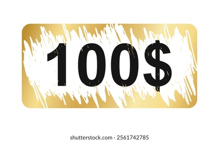 Golden scratchcard surface in rectangular shape with scraped texture and 100 dollars prize. Raffle, lottery, sale coupon template. Vector illustration.