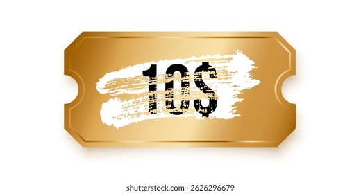 Golden scratch-off ticket with grunge brush stroke opening the prize of $10. Golden winner scratching card. Winning lottery coupon isolated on transparent background. Realistic vector illustration.