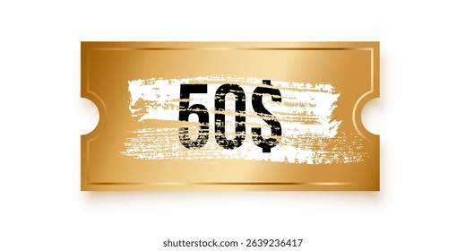 Golden scratch-off ticket with grunge brush stroke opening the prize of $50. Golden winner scratching card. Winning lottery coupon isolated on transparent background. Realistic vector illustration.