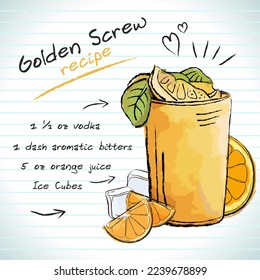Golden Screw cocktail, vector sketch hand drawn illustration, fresh summer alcoholic drink with recipe and fruits
