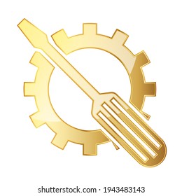 Destornillador dorado e icono del engranaje. Ilustración vectorial. Icono de herramientas de configuración aislado. Concepto de configuración
