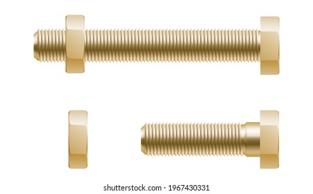 Golden screws, bolts, nuts, nails and rivets for fastening and fixing. Side view of industrial hardware isolated on white background. 3d vector illustration