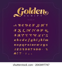 Golden script. Luxury vector gold lettering with upper and lower case letters, numbers and symbols. For greetings, invitations, any special events, VIP projects and much more.
