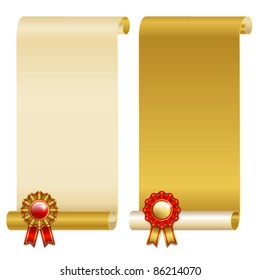 golden scrolls with red badge vector