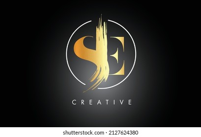 Golden SE Brush Stroke Letter Logo Design. Black Paint Logo Leters Icon with Elegant Circle Vector Design.