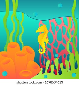 golden seahorse among algae, corals and sea sponges