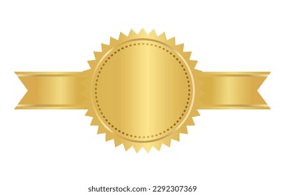 Golden seal with horizontal ribbons isolated on white background vector illustration. Gold award medal, Golden stamp with ribbons isolated on white. Luxury seal. Winner, Trophy, Top Quality concept.