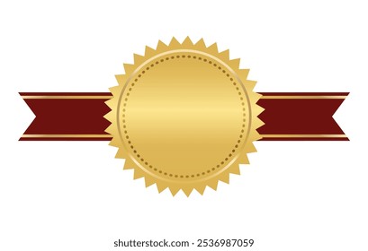 Golden seal with horizontal ribbons isolated on white background vector illustration. Gold award medal, Golden stamp with ribbons isolated on white. Luxury seal. Winner, Trophy, Top Quality concept.