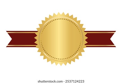 Golden seal with horizontal ribbons isolated on white background vector illustration. Gold award medal, Golden stamp with ribbons isolated on white. Luxury seal. Winner, Trophy, Top Quality concept.