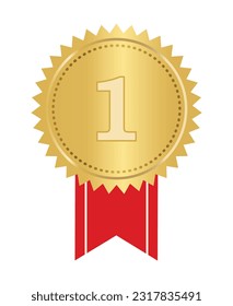 Golden seal with red ribbons isolated on white background vector illustration. Gold award medal, Golden stamp with red ribbons isolated on white. Luxury seal. Winner, Trophy, Top Quality concept.