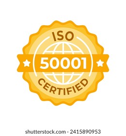 Golden seal vector illustration representing ISO 50001 Certified energy management system standards, for organizational efficiency and sustainability