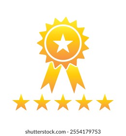 Golden seal with yellow ribbons and five stars isolated on white background vector illustration. Gold award medal, Yellow stamp isolated on white. Luxury seal. Winner, Trophy, Top Quality concept.