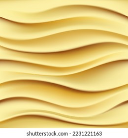 Golden seamless 3d wavy realistic vector texture. Abstract waves background. Gold ridged elegant backdrop. Smooth shiny yellow pattern. Luxury silk satin surface