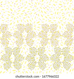 Golden seamless abstract doodle drop border in floral shape with hand painted irregular drops on textured background. Modern design. Firework, new year, celebration.