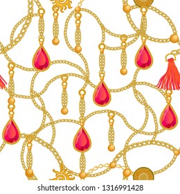 Golden seamless baroque pattern. Realistic chains, scrolls, jewels and other decorative elements on white background. Vintage design collection.
