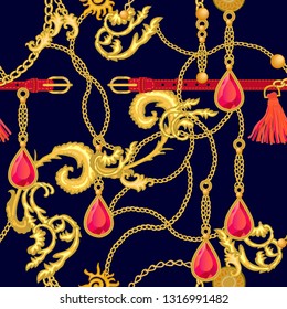 Golden seamless baroque pattern. Realistic chains, scrolls, jewels and other decorative elements on dark background. Vintage design collection.