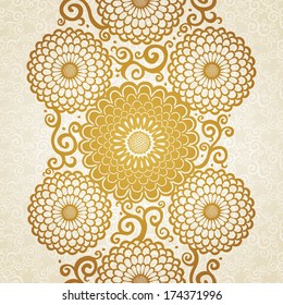 Golden seamless border with large flowers and curls. Light floral background. It can be used for wallpaper, pattern fills, web page background, surface textures, decorating of invitations, cards.