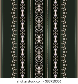 Golden seamless border on a dark green. Ornate element for design. Ornamental lace pattern for invitations and greeting cards. Traditional floral decor.