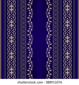 Golden seamless border on a dark blue background. Ornate element for design. Ornamental lace pattern for invitations and greeting cards. Traditional floral decor.