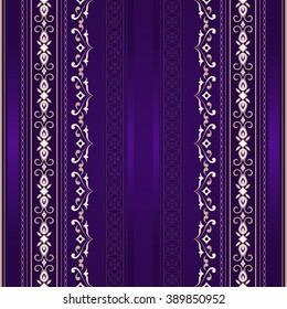 Golden seamless border on a dark violet background.  Element for design and place your text. Ornamental backdrop.  Ornate floral decor for wallpaper. Traditional decor on dark violet background.