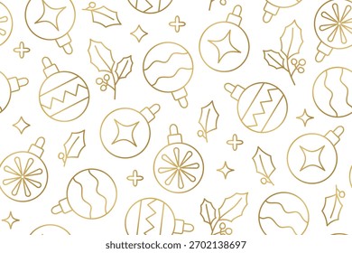 golden seamless christmas pattern with baubles and holly berry twigs ; great for wrapping, textile, wallpaper, greeting card- vector illustration