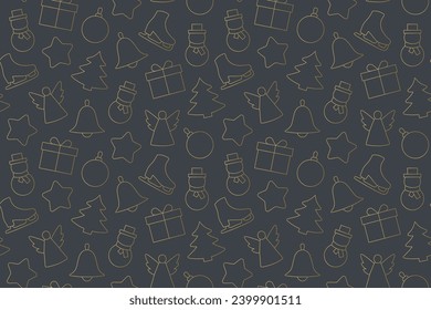 golden seamless christmas pattern with present, bauble, fir tree, star, bell, angel, snowman outline icons'; great for wrapping, textile, wallpaper, greeting card- vector illustration