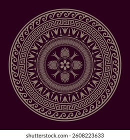 Golden seamless classic greek round floral meander ornament, key meander, wave meander. Gold Circle of Ancient Greece, Roman Empire. Byzantine painting. For paper, embroidery, porcelain, textiles