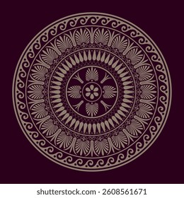 Golden seamless classic greek round floral meander ornament,  wave meander. Gold Circle of Ancient Greece, Roman Empire. Byzantine painting. For paper, embroidery, porcelain, textiles, ceramics, plate