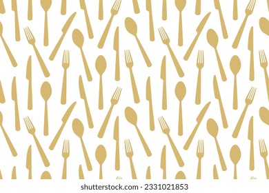 golden seamless cutlery pattern: spoon, knife and fork; kitchen, restaurant, menu background- vector illustration