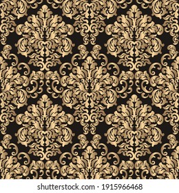 Golden seamless damask pattern on brown background, wallpaper, fabric 