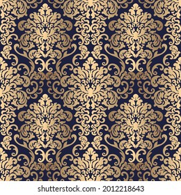 Golden seamless damask pattern on blue background in vector 